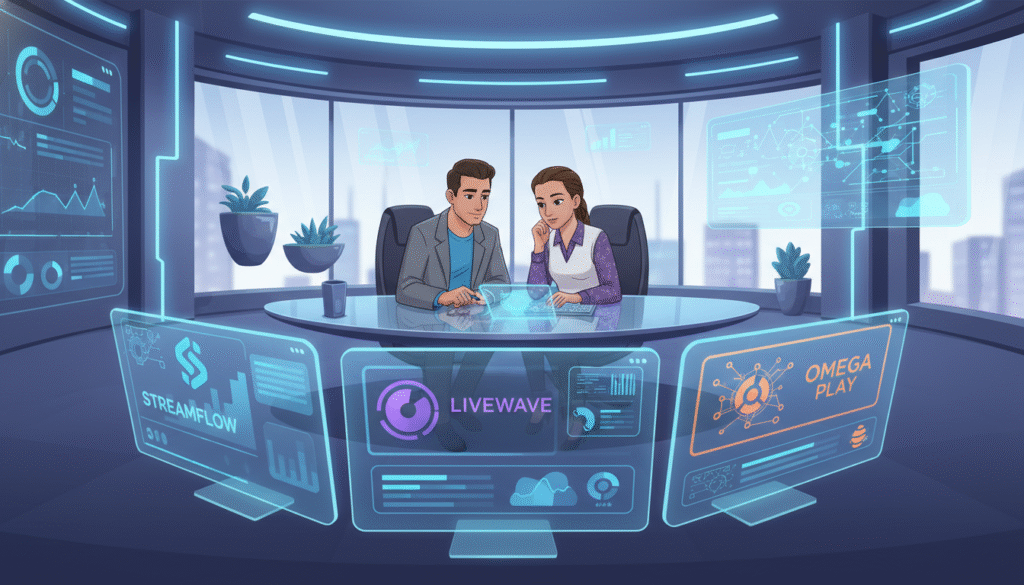 A sleek and modern digital workspace showcasing a comparative analysis of IPTV services in 2026. In the foreground, there are three large screens displaying vibrant graphs and icons representing different IPTV logos, with a subtle glow emphasizing their features. In the middle ground, a professional team of two diverse individuals—one male, one female—analyzing data on a tablet, dressed in smart casual attire. The background features a futuristic office, with soft blue ambient lighting and digital interfaces glowing from walls. The atmosphere is focused, innovative, and collaborative, suggesting a tech-forward approach to media consumption. The perspective is slightly angled to capture the action and engagement in the workspace, emphasizing the cutting-edge nature of IPTV services.