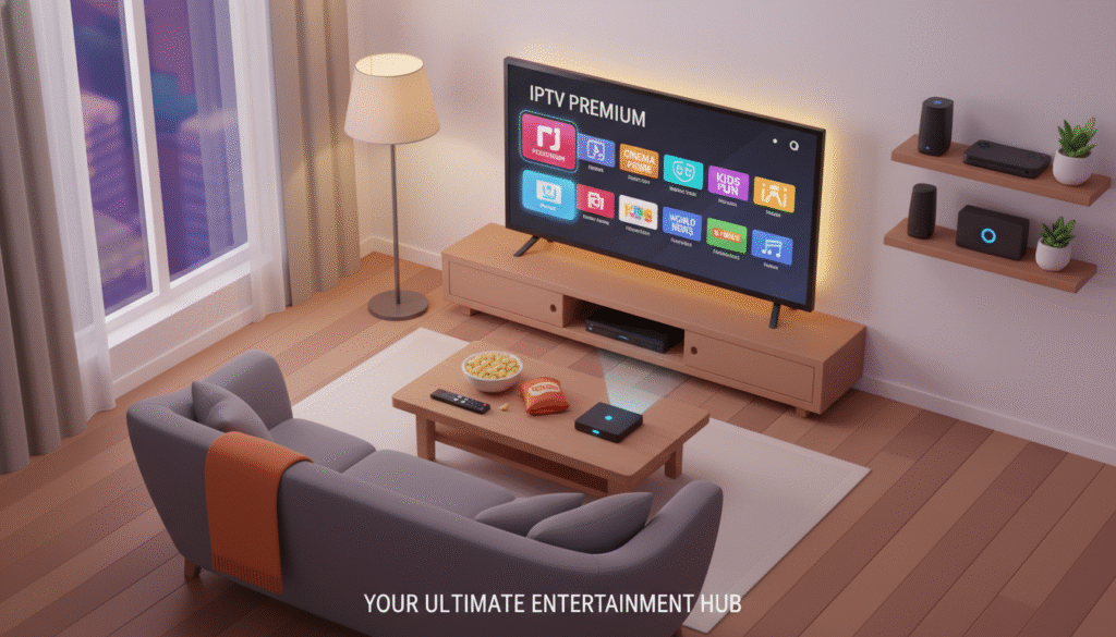 A sleek, modern living room setting with a large flat-screen TV displaying vibrant IPTV channel options. The foreground features a stylish coffee table adorned with a remote control, snacks, and a streaming device, illustrating user-friendly access to premium content. In the middle, a comfortable sofa is positioned to face the TV, with an inviting ambiance created by warm, soft lighting. The background showcases a wall-mounted shelf filled with various tech gadgets and decor, enhancing the contemporary atmosphere. The image should evoke a sense of relaxation and enjoyment, signaling the premium experience of choosing the best IPTV services. Shot with a high-angle view for an immersive perspective, capturing the essence of entertainment and connectivity in a home environment.