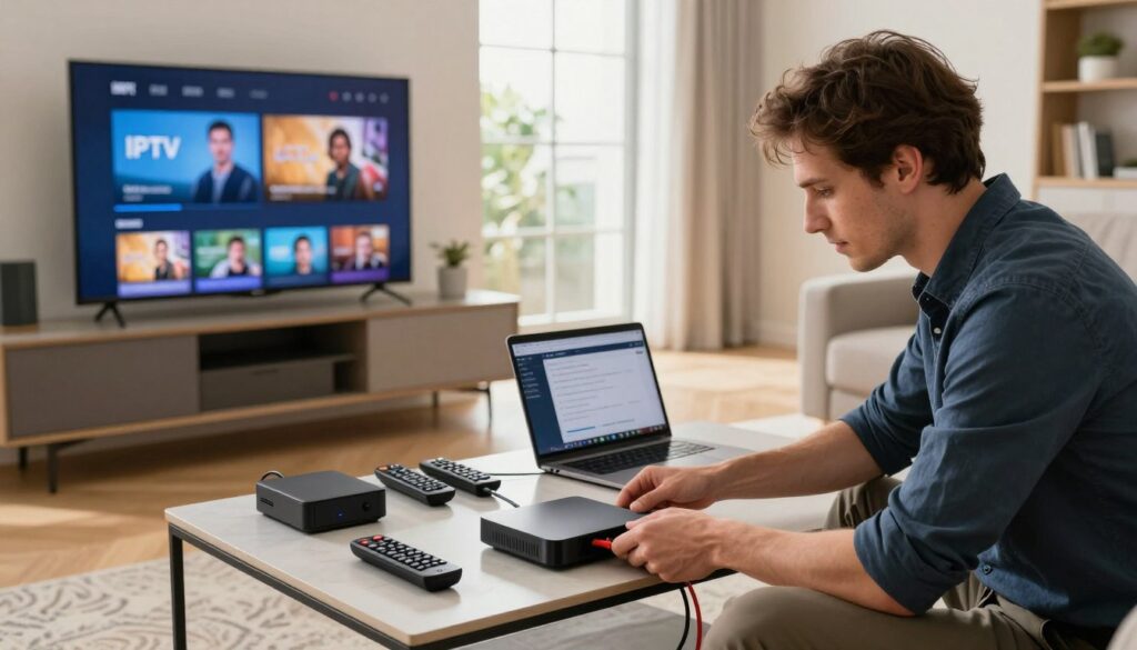 A sleek, modern living room setting with a stylish entertainment center featuring a high-definition television screen displaying an IPTV interface. In the foreground, a professional technician, dressed in smart casual attire, is carefully connecting cables and configuring a streaming device. The middle ground includes a coffee table with various electronic devices, remote controls, and an open laptop displaying IPTV setup instructions. The background showcases a large window with natural light pouring in, giving a sense of comfort and homeliness. Use warm lighting to enhance the inviting atmosphere, focusing on the technician's focused expression and the intricate details of the devices. Capture the scene from a slightly elevated angle, highlighting the interaction between technology and the technician. A sleek, modern living room setting with a stylish entertainment center featuring a high-definition television screen displaying an IPTV interface. In the foreground, a professional technician, dressed in smart casual attire, is carefully connecting cables and configuring a streaming device. The middle ground includes a coffee table with various electronic devices, remote controls, and an open laptop displaying IPTV setup instructions. The background showcases a large window with natural light pouring in, giving a sense of comfort and homeliness. Use warm lighting to enhance the inviting atmosphere, focusing on the technician's focused expression and the intricate details of the devices. Capture the scene from a slightly elevated angle, highlighting the interaction between technology and the technician.