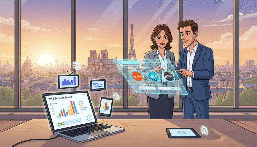 A sleek, modern office environment showcasing a comparative analysis of IPTV services in France. In the foreground, a stylish desk with a laptop displaying charts and graphs related to IPTV providers, surrounded by various streaming device icons. The middle scene features two professional individuals, one male and one female, dressed in business attire, collaborating over a digital tablet with IPTV logos and subscription options visible. In the background, a large window reveals a vibrant Parisian skyline bathed in warm sunset lighting, creating an inviting atmosphere. The overall mood is focused and professional, reflecting the analytical nature of the comparison while maintaining a sense of innovation and modern technology. The image is captured with a wide-angle lens for a dynamic view.