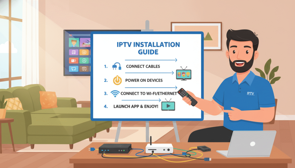 A step-by-step IPTV installation guide illustration. In the foreground, a well-organized workspace featuring a technician in professional attire setting up a streaming device with cables, a laptop, and an IPTV receiver. In the middle ground, a chart or diagram displaying the installation steps, with numbered points and icons indicating connections. The background shows a cozy living room with a large smart TV and a comfortable couch, creating a homey atmosphere. Soft, natural lighting from a window illuminates the scene, enhancing clarity and focus on the installation process. The overall mood is informative and inviting, suitable for readers seeking guidance on IPTV installation.