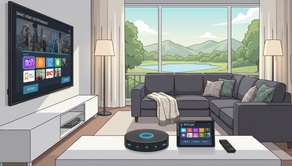 A stylish living room setup showcasing a variety of IPTV-compatible devices, such as a sleek streaming box, a smart TV with an interactive interface, and a tablet displaying IPTV channels. In the foreground, focus on the devices arranged aesthetically on a modern TV stand. The middle ground features a comfortable sofa with a cozy throw blanket, enhancing the inviting atmosphere. In the background, soft ambient lighting emanates from strategically placed lamps, creating a warm, relaxed environment. A large window reveals a serene outdoor view, adding depth. The overall mood is modern and tech-savvy, emphasizing the convenience of IPTV in daily life.