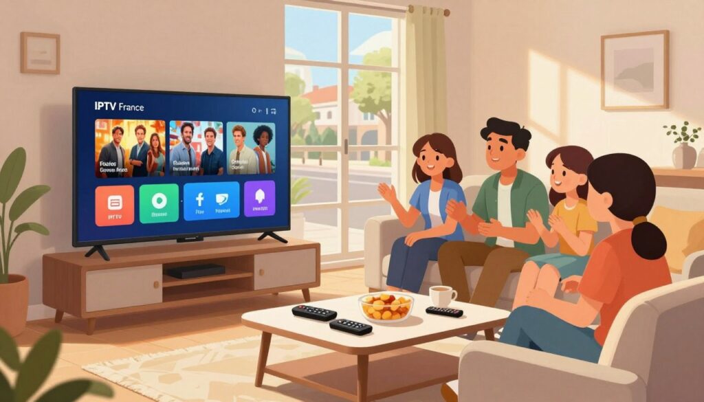 A vibrant illustration showcasing affordable IPTV offers in France. In the foreground, a modern living room setting with a sleek flat-screen TV displaying various streaming icons. A cozy sofa surrounds a stylish coffee table filled with remote controls and snacks. In the middle ground, a friendly family of four gathers, dressed in casual yet smart clothing, discussing their favorite shows. Behind them, a large window reveals a sunny street scene, hinting at a bright day outside. Soft, warm lighting fills the room, creating an inviting atmosphere that conveys comfort and togetherness. The overall mood is cheerful and engaging, emphasizing technology bringing entertainment to the family.
