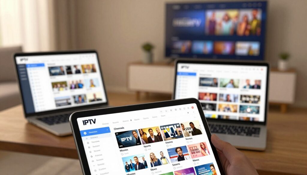 A visual depiction of various IPTV playlist formats, featuring three distinct lists displayed on modern digital screens. In the foreground, a vibrant tablet screen showcasing a well-organized IPTV playlist with categories such as Movies, Sports, and News. The middle layer includes a sleek laptop with a UI design emphasizing user-friendly navigation through channels. The background shows a blurred scene of a modern living room with a large TV displaying a streaming interface. Warm, inviting lighting creates a cozy atmosphere, suggesting a weekend movie night. The angle is slightly tilted downwards, giving a dynamic perspective while maintaining focus on the screens and playlists. The image ambiance conveys professionalism and accessibility, ideal for an informative tech article. A visual depiction of various IPTV playlist formats, featuring three distinct lists displayed on modern digital screens. In the foreground, a vibrant tablet screen showcasing a well-organized IPTV playlist with categories such as Movies, Sports, and News. The middle layer includes a sleek laptop with a UI design emphasizing user-friendly navigation through channels. The background shows a blurred scene of a modern living room with a large TV displaying a streaming interface. Warm, inviting lighting creates a cozy atmosphere, suggesting a weekend movie night. The angle is slightly tilted downwards, giving a dynamic perspective while maintaining focus on the screens and playlists. The image ambiance conveys professionalism and accessibility, ideal for an informative tech article.