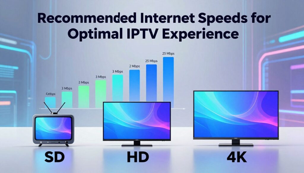 A visually compelling infographic illustrating "Recommended Internet Speeds for Optimal IPTV Experience," depicting various streaming qualities like SD, HD, and 4K. The foreground features three distinct sections labeled with symbols representing each quality: a small television for SD, a medium TV for HD, and a large, modern flat-screen for 4K. In the middle ground, include bar graphs displaying recommended internet speeds, ranging from 3 Mbps for SD to 25 Mbps for 4K. The background should be a sleek, digital landscape with abstract data streams, emphasizing a tech-savvy ambiance. Use bright, engaging colors with soft lighting to create a professional yet inviting atmosphere, ensuring clarity and easy readability of all elements. The image should be clean and devoid of any text, ensuring visual emphasis on the data presented.