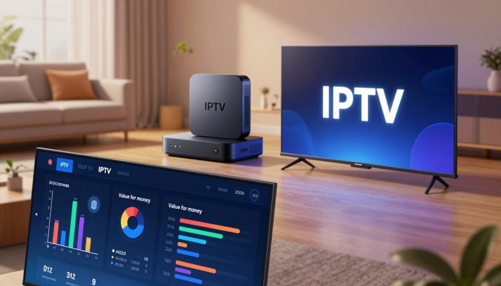 A visually engaging and modern illustration showcasing a comparison of IPTV services in 2024. In the foreground, display a digital dashboard or interactive screen with colorful graphs and charts reflecting different IPTV plans and their features, illustrating value for money. In the middle ground, place sleek devices like streaming boxes or smart TVs, elegantly designed and emitting a soft glow. The background should feature a stylish living room environment with comfortable seating and warm, ambient lighting, creating a welcoming atmosphere. Emphasize a cool color palette to convey a sense of cutting-edge technology. The overall mood should be professional yet inviting, perfect for a contemporary article on IPTV comparisons.