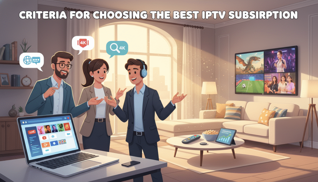 A visually engaging concept for "Criteria for Choosing the Best IPTV Subscription." In the foreground, a modern workspace featuring a sleek laptop with a streaming service interface displayed. A diverse group of three professionals, dressed in smart casual attire, are intently discussing IPTV features, such as channel options and picture quality. The middle layer should include a stylish coffee table with technical devices like a remote control and a tablet showing streaming statistics. The background can depict a cozy living room with warm lighting, soft couches, and a large flat-screen TV displaying vibrant scenes from popular shows. The atmosphere is collaborative and focused, with natural light filtering in from a nearby window, creating an inviting and professional environment.