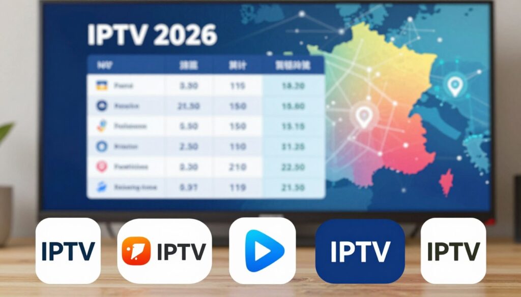 A visually engaging infographic showcasing a comparison of leading IPTV providers in France for 2026. In the foreground, display detailed icons representing different IPTV brands, each distinct in color and design. The middle layer should include a neatly organized table or chart highlighting key features like pricing, channels offered, and user ratings. The background features a stylized map of France subtly blended with tech-themed graphics, suggesting connectivity and innovation in television. Use bright, professional lighting to create an inviting atmosphere. The image should have a modern look, employing a shallow depth of field to emphasize the foreground elements, conveying clarity and focus on the best IPTV options available in 2026.