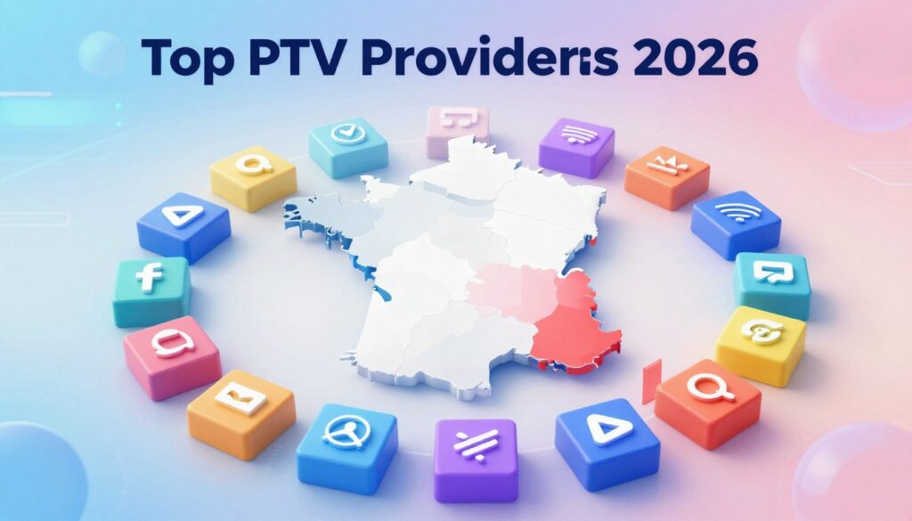 A visually engaging infographic showcasing the top IPTV providers in France for 2026. In the foreground, include interactive elements such as colorful icons representing various IPTV services, elegantly arranged in a circular design. In the middle, display a stylized map of France, highlighting major cities where these services are popular. The background features a soft gradient that evokes a modern digital atmosphere, incorporating streaming symbols and abstract tech motifs. Soft, diffused lighting enhances the professionalism of the image, with a slight tilt angle to provide depth. The overall mood is informative and vibrant, aimed at capturing the viewer's attention while conveying the essence of online television subscriptions in France.