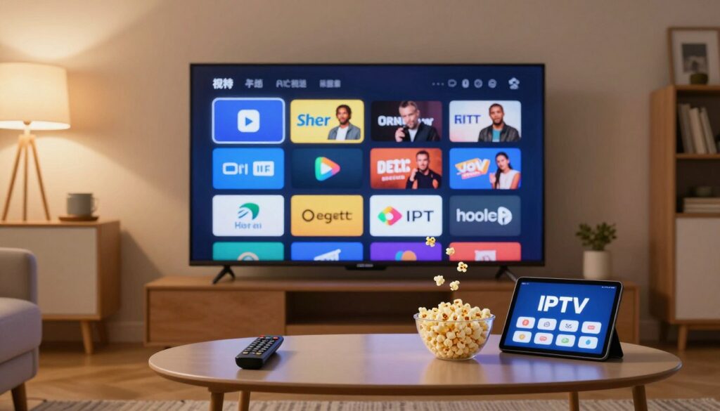 A visually engaging scene depicting a selection of streaming TV options displayed on a modern, sleek television screen set in a cozy living room. In the foreground, showcase colorful icons and logos of popular streaming services floating around the TV, emphasizing the variety of content available. In the middle ground, include a stylish coffee table with a remote control, popcorn, and a tablet showcasing the IPTV subscriptions. The background should feature warm, ambient lighting from a nearby lamp, creating a relaxed and inviting atmosphere. Use a wide-angle lens perspective to capture the entirety of the setting, focusing on detail and clarity, invoking feelings of comfort and entertainment in the viewer.