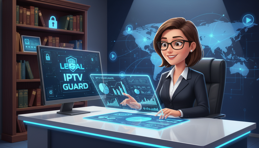 A visually engaging scene depicting the concept of legal IPTV security. In the foreground, a professional individual in business attire sits at a sleek, modern desk, analyzing data on a high-resolution screen displaying graphs and statistics related to IPTV legality. In the middle ground, a bookshelf filled with legal books and technology manuals conveys a sense of authority and expertise. In the background, subtle visuals of a digital world map and streaming icons hover in a soft blue hue, symbolizing the global nature of IPTV. The lighting is bright and focused, shedding light on the subject while balancing shadows around the edges, creating a professional yet inviting atmosphere that emphasizes security and compliance in the IPTV landscape.
