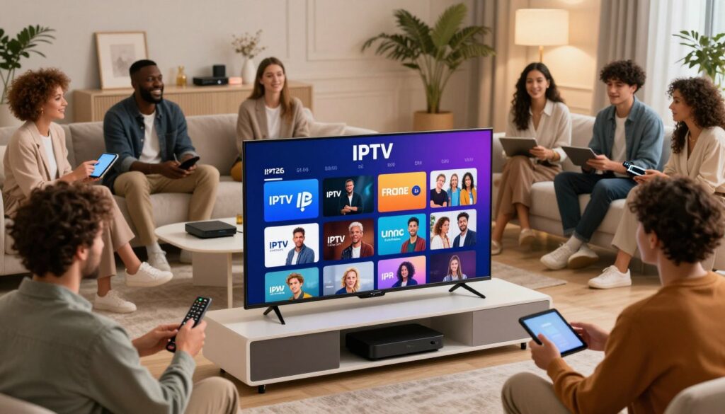 A visually striking composition showcasing the concept of IPTV in France for 2026. In the foreground, display a large, modern television screen showing a vibrant array of popular streaming services. Surrounding the TV, diverse individuals, dressed in smart casual attire, engage in animated discussions, holding remote controls and tablets. The middle ground features sleek modern furniture with IPTV devices like set-top boxes and streaming gadgets arranged neatly. In the background, elegant interior elements suggest a comfortable living space, with soft lighting that creates a warm, inviting atmosphere. The scene conveys innovation and community, focusing on the excitement of finding the best IPTV options in France. Use a wide-angle perspective to enhance the depth and detail of the image. A visually striking composition showcasing the concept of IPTV in France for 2026. In the foreground, display a large, modern television screen showing a vibrant array of popular streaming services. Surrounding the TV, diverse individuals, dressed in smart casual attire, engage in animated discussions, holding remote controls and tablets. The middle ground features sleek modern furniture with IPTV devices like set-top boxes and streaming gadgets arranged neatly. In the background, elegant interior elements suggest a comfortable living space, with soft lighting that creates a warm, inviting atmosphere. The scene conveys innovation and community, focusing on the excitement of finding the best IPTV options in France. Use a wide-angle perspective to enhance the depth and detail of the image.