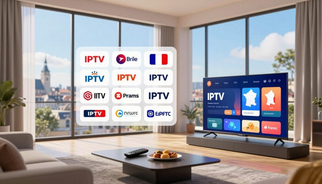A visually striking digital illustration depicting a comparison of IPTV providers in France. In the foreground, a sleek, modern living room setting with a high-tech television displaying a vibrant interface of IPTV channels. Include subtle details like a coffee table with a remote control and snacks. The middle ground features a stylish infographic showcasing logos of various French IPTV providers, arranged in an engaging layout. In the background, large windows reveal a scenic French skyline under a bright blue sky, enhancing the atmosphere of modernity and connectivity. Soft, natural lighting fills the room, creating a welcoming and informative mood. The overall composition is professional and polished, reflecting the importance of choosing the best IPTV for France.