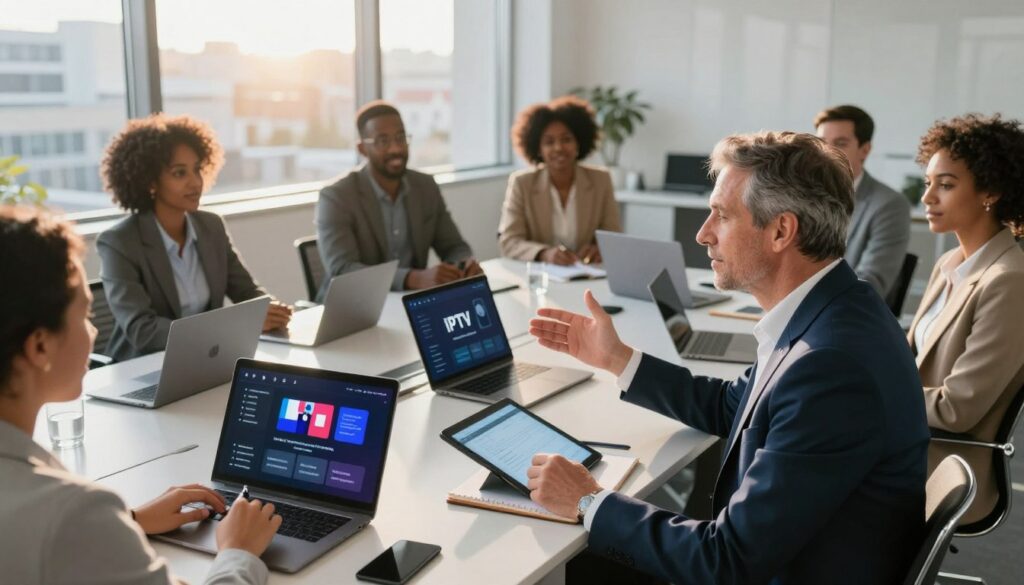 An engaged group of diverse professionals in a modern office environment, sitting around a sleek conference table, discussing their experiences with IPTV services. In the foreground, a middle-aged Caucasian man in a smart business suit animatedly gestures, while a young Black woman in professional attire takes notes on a digital tablet. In the background, large windows reveal a cityscape bathed in warm afternoon sunlight, casting a friendly glow throughout the room. On the table are laptops and IPTV devices, subtly showcasing user interfaces. The overall atmosphere is one of collaboration and satisfaction, reflecting positive user testimonials about IPTV services in France. The scene is captured with a slight aerial angle, highlighting both the diversity of the participants and the high-tech ambiance of the office.