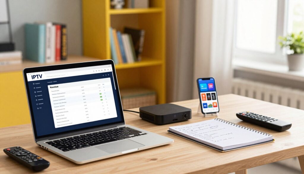An organized workspace featuring elements of IPTV subscription research. In the foreground, a modern laptop with a detailed screen displaying a comparison chart of IPTV plans, surrounded by various streaming device remotes. In the middle, a notebook open with handwritten notes on IPTV features, next to a smartphone displaying popular IPTV apps. The background features a well-lit room with vibrant colors, a bookshelf filled with tech-related books, and a large window letting in natural light. Soft, warm lighting to create a comfortable atmosphere, a professional yet casual setting. The angle should capture a sense of engagement with technology and informed decision-making.