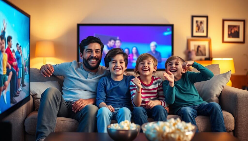Famille regardant un film ensemble avec sourires et émotions partagées Famille regardant un film ensemble avec sourires et émotions partagées